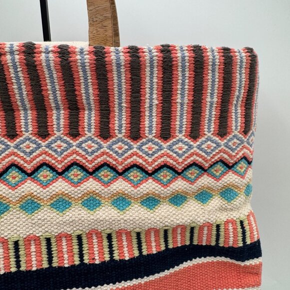 J Jill Multicolored Woven Cotton Tote Bag with Wood Handles Boho bohemian summer - Picture 4 of 15